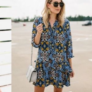 LOFT Autumn Dreams Blue Floral Drop Waist Shirtdress M